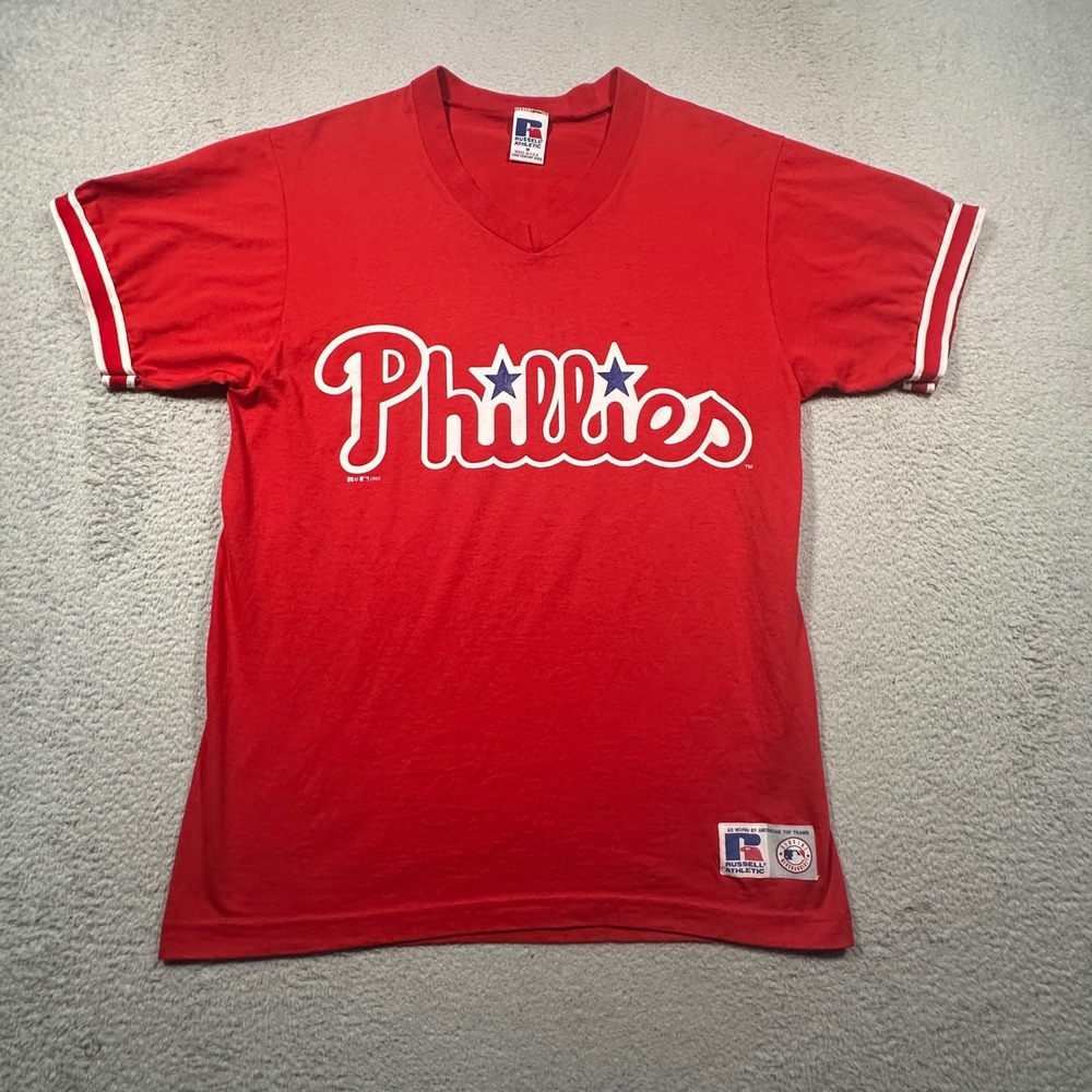 Vintage 90s Russell Athletic Phillies Jersey T-Shirt Mens M Red V-Neck 1995 MLB